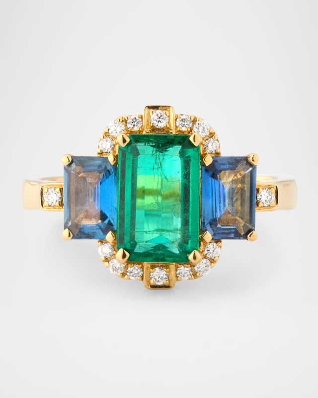 G-One 18K Yellow Gold Emerald and Sapphire Ring with Diamonds